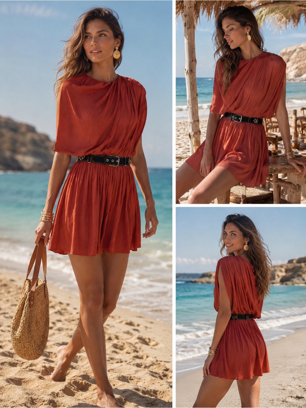 ZARA Dark Russet Satin Effect Asymmetrical Draped Belted Mini Dress NWT